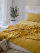 Leinen Bettwaesche Sonnengelb, Stoffstruktur Nahaufnahme