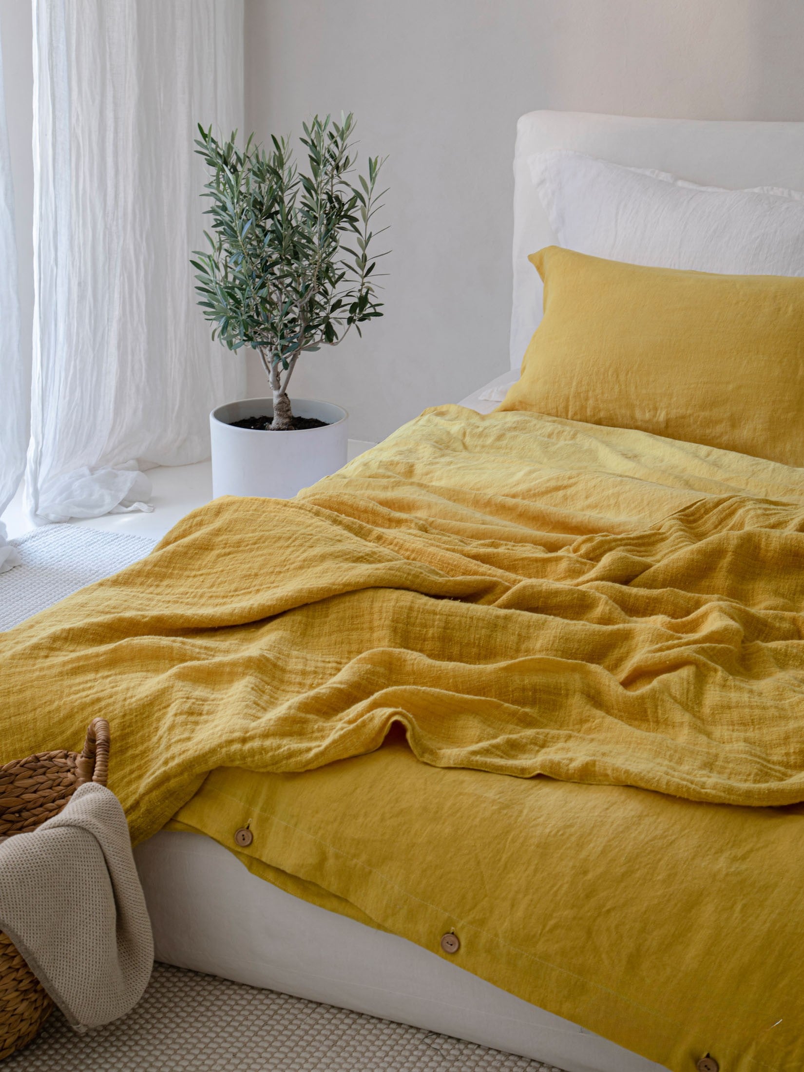 Leinen Bettwaesche Sonnengelb, Stoffstruktur Nahaufnahme